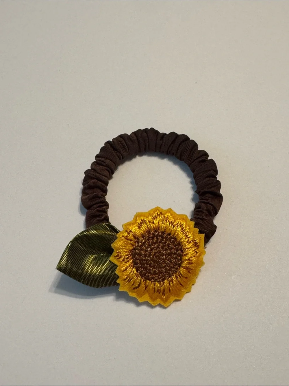 Boho Sunflower Elastic Hair Tie with Leaf Accent